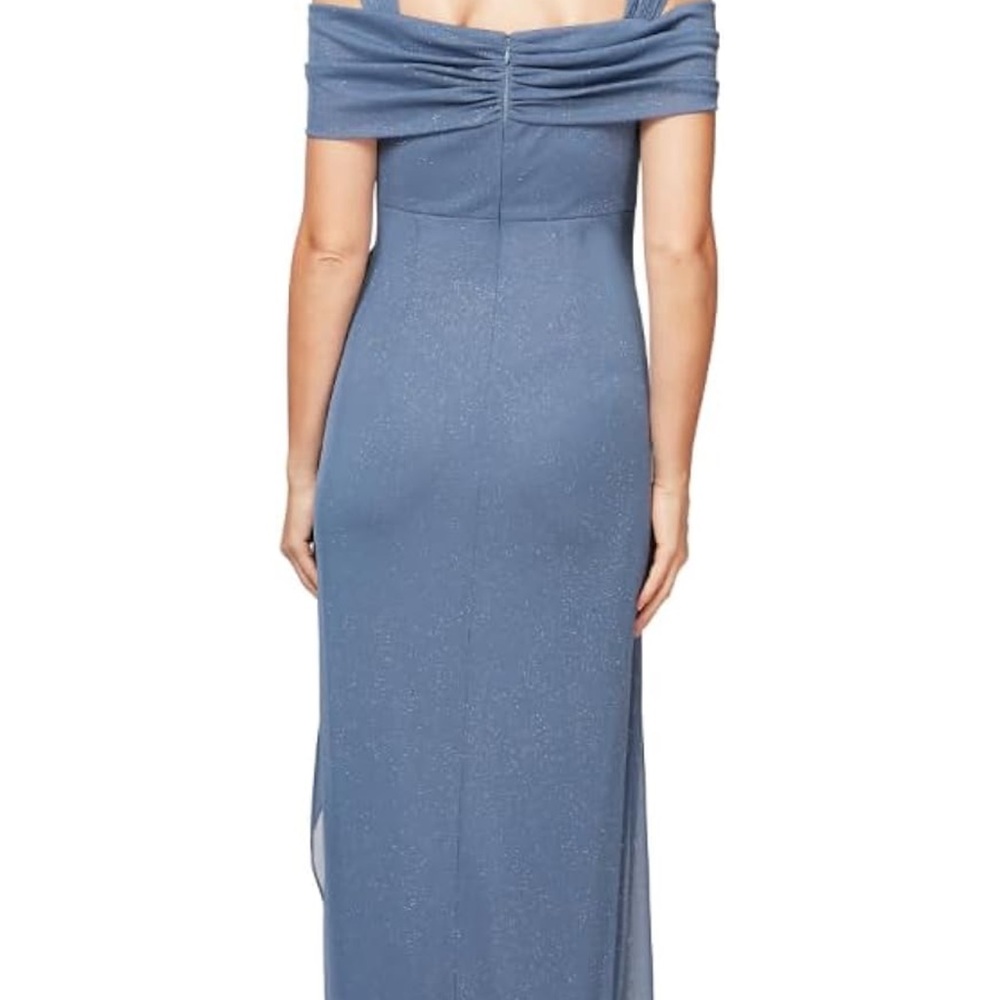 Alex Evenings Blue Ruched Maxi Gown Cold Shoulder - Picture 2 of 9